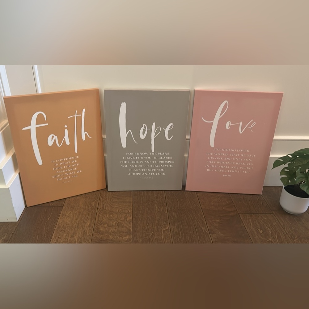 Faith, Hope, Love Wall Art Set - Peach, Gray, Pink